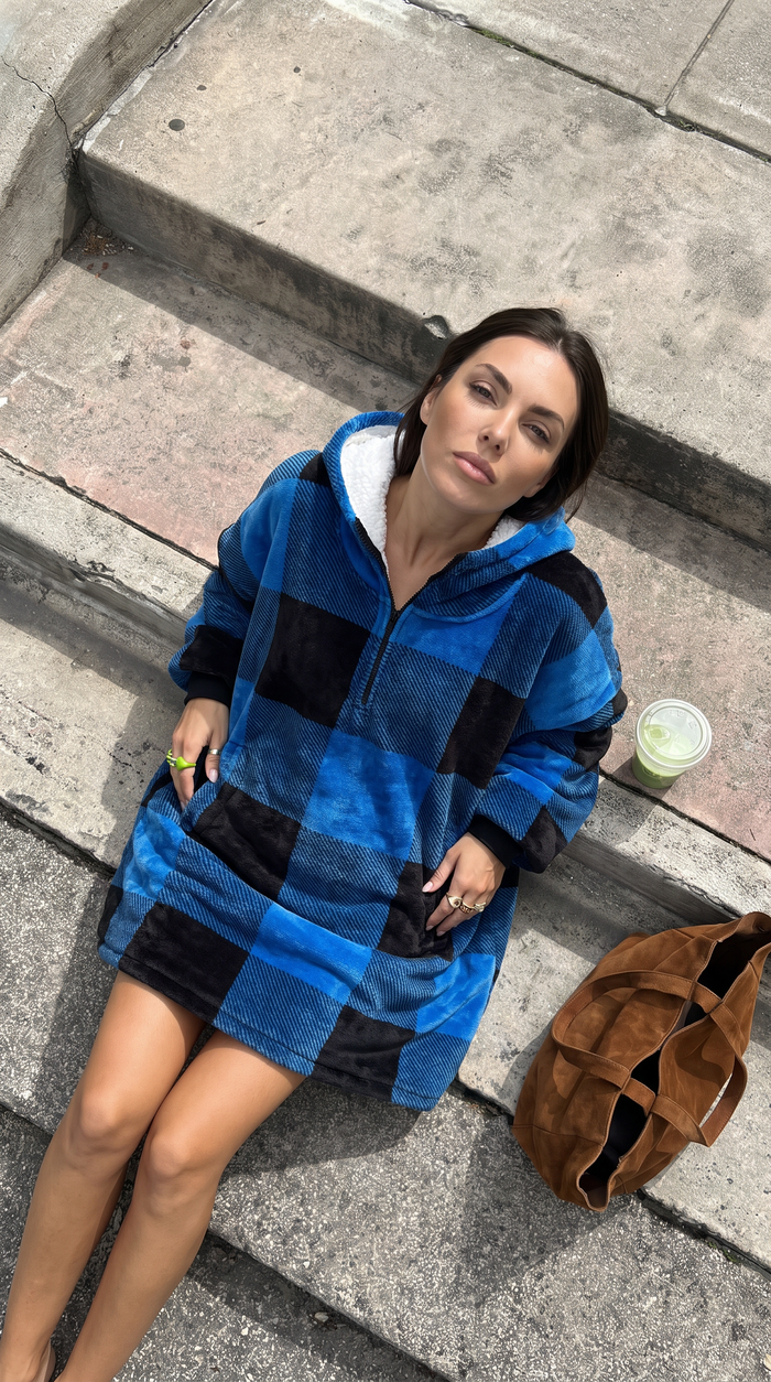 Oversized Zip-Up Wearable Blanket Hoodie for Women – Flannel & Sherpa Cozy Blanket Sweatshirt