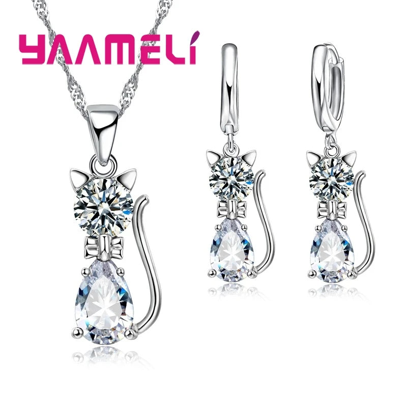 Crystal Cat Pendant Necklace | Elegant Silver-Tone Cat Jewelry Gift for Women & Girls