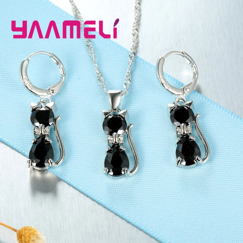 Crystal Cat Pendant Necklace | Elegant Silver-Tone Cat Jewelry Gift for Women & Girls