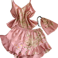 Pink Satin Pajama Set | Ruffle Cami & Shorts Silky Sleepwear for Women