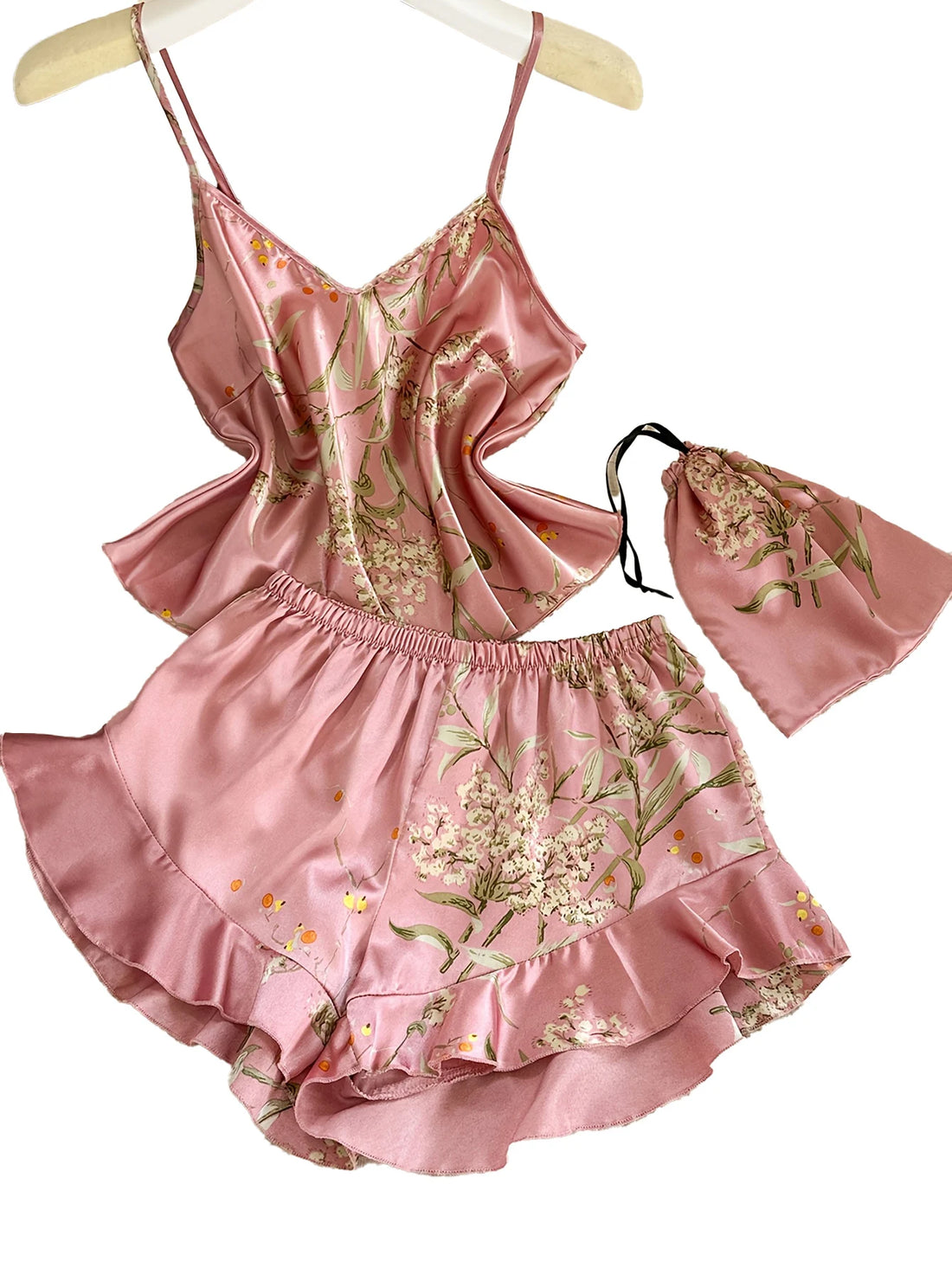 Pink Satin Pajama Set | Ruffle Cami & Shorts Silky Sleepwear for Women
