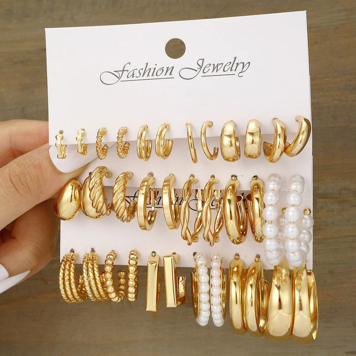 Gold Hoop Earring Set | Chunky Geometric & Pearl Statement Earrings Pack for Women