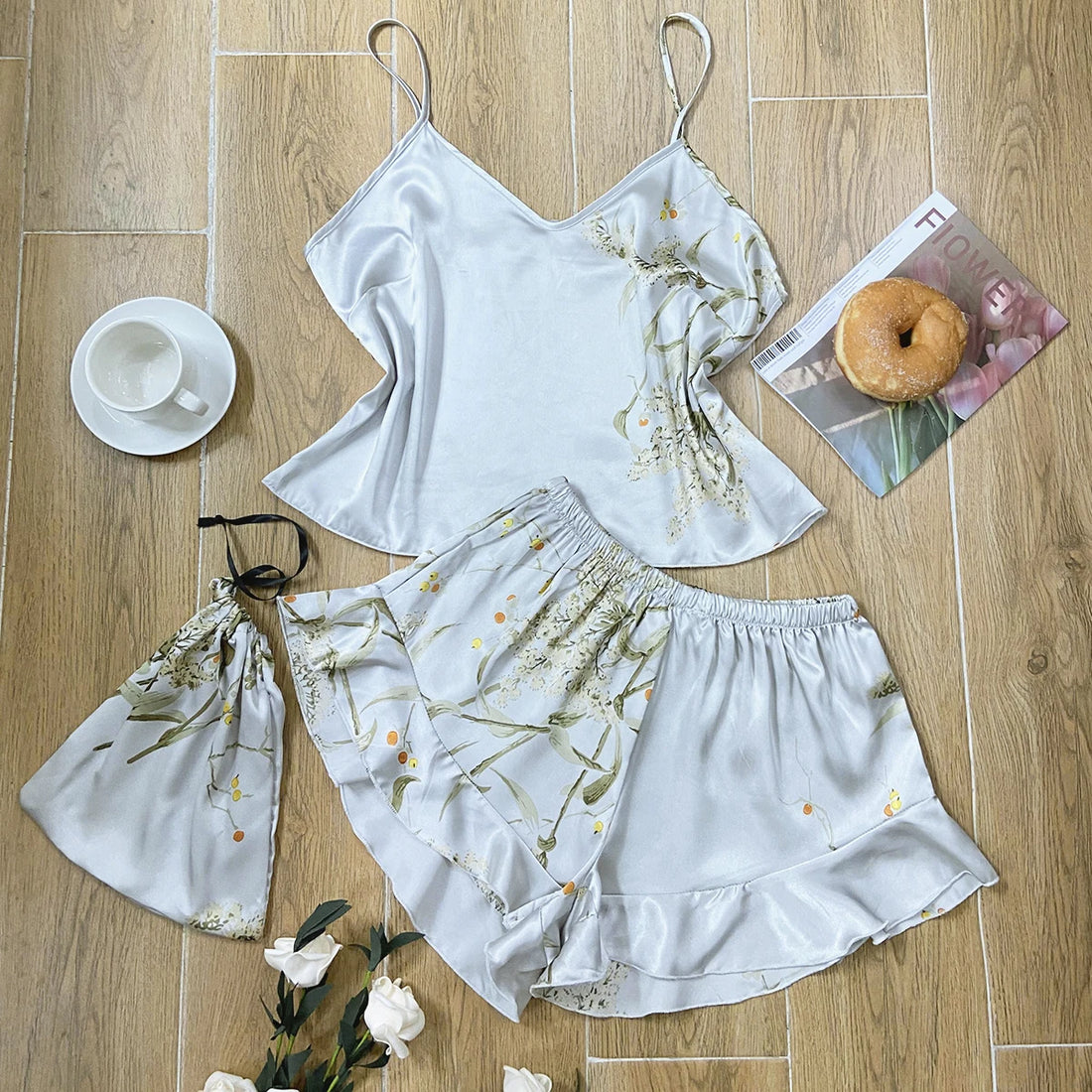 Elegant Floral Satin Cami Set | Silky Pajama Top & Shorts Sleepwear for Women
