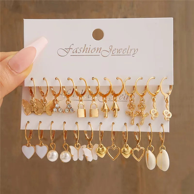 Gold Hoop Earring Set | Chunky Geometric & Pearl Statement Earrings Pack for Women