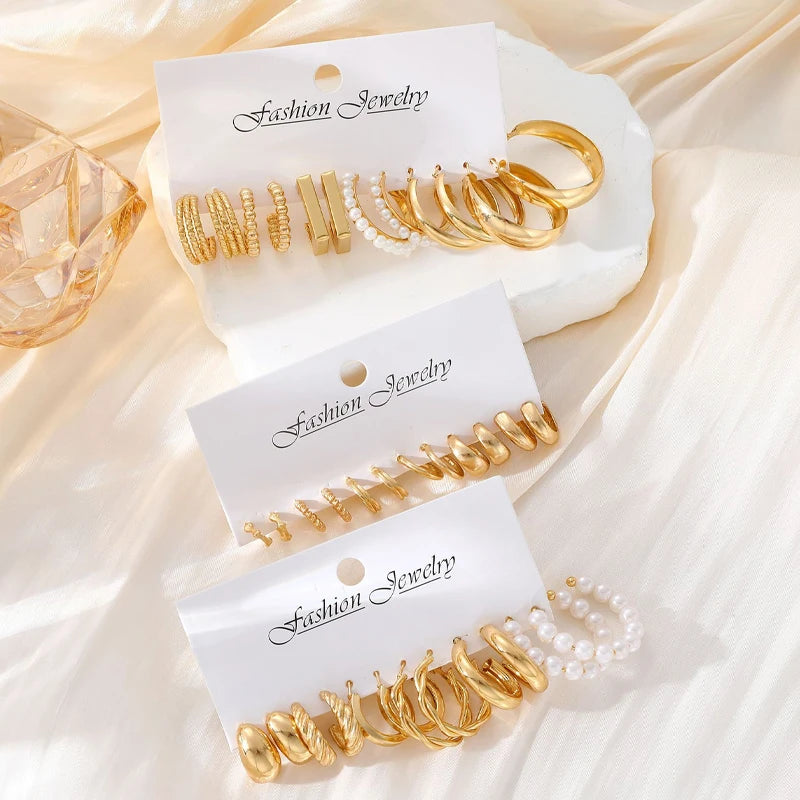 Gold Hoop Earring Set | Chunky Geometric & Pearl Statement Earrings Pack for Women