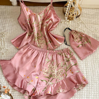 Pink Satin Pajama Set | Ruffle Cami & Shorts Silky Sleepwear for Women