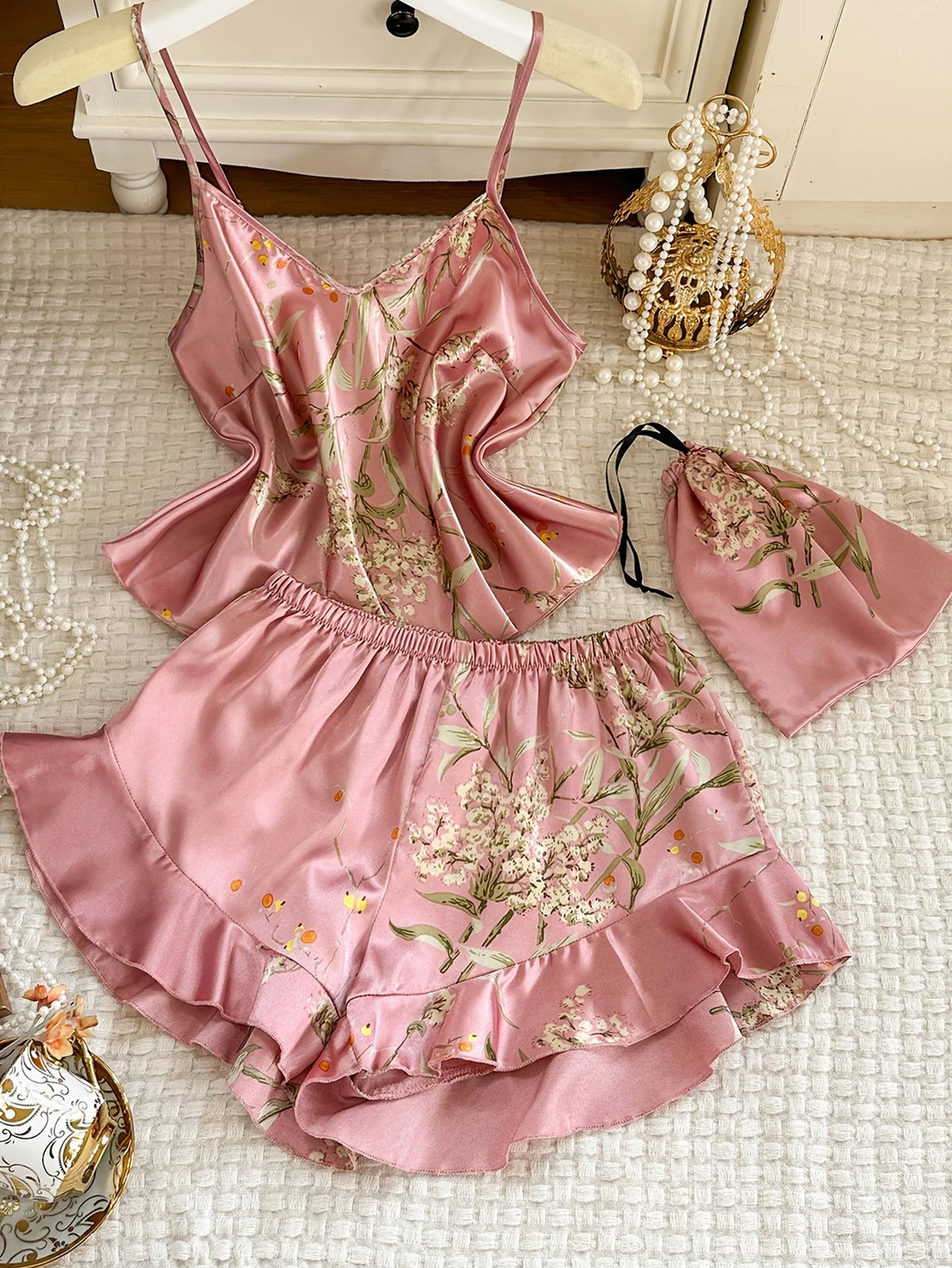 Pink Satin Pajama Set | Ruffle Cami & Shorts Silky Sleepwear for Women
