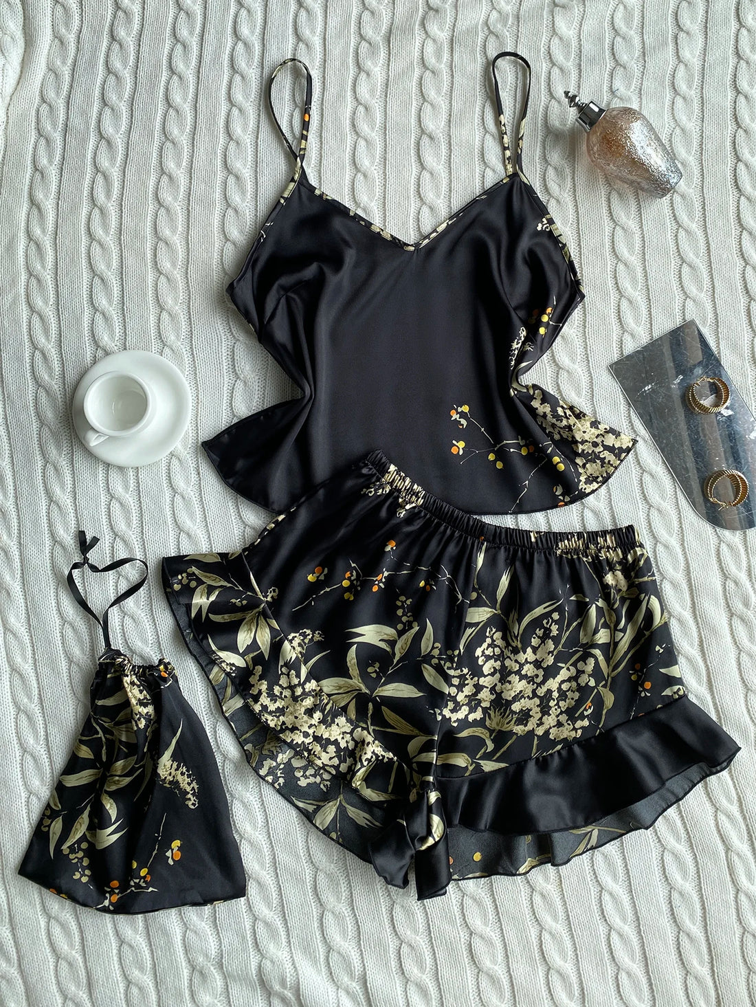 Elegant Floral Satin Cami Set | Silky Pajama Top & Shorts Sleepwear for Women