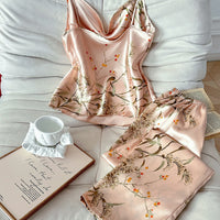 Cherry Print Satin Pajama Set | Silky Cami & Shorts Sleepwear for Women