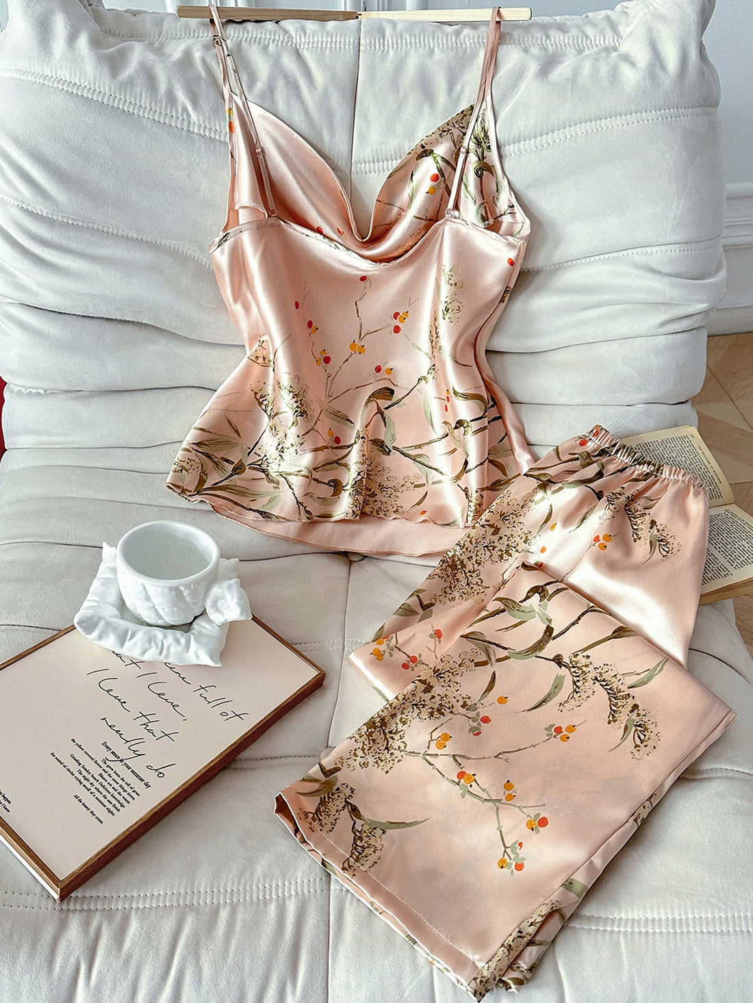 Cherry Print Satin Pajama Set | Silky Cami & Shorts Sleepwear for Women