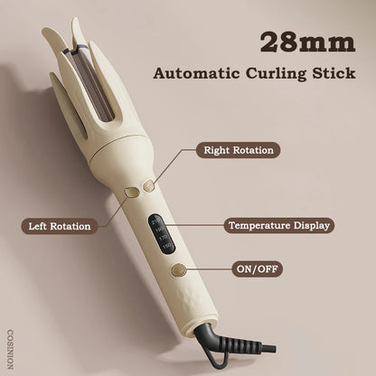 Automatic Negative Ion Hair Curler | Ceramic Barrel Auto-Rotating Curling Iron with LCD Temperature Display, Anti-Scald Anti-Snag Design & Auto Shutoff — 28mm Dual Voltage