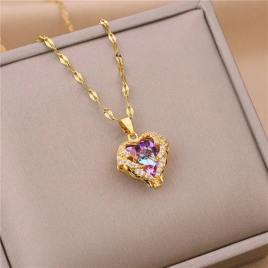 Gold Crystal Heart Pendant Necklace | Luxury Colorful Heart Jewelry Gift for Women