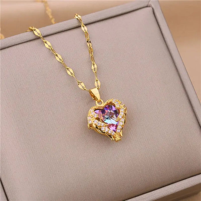 Gold Crystal Heart Pendant Necklace | Luxury Colorful Heart Jewelry Gift for Women