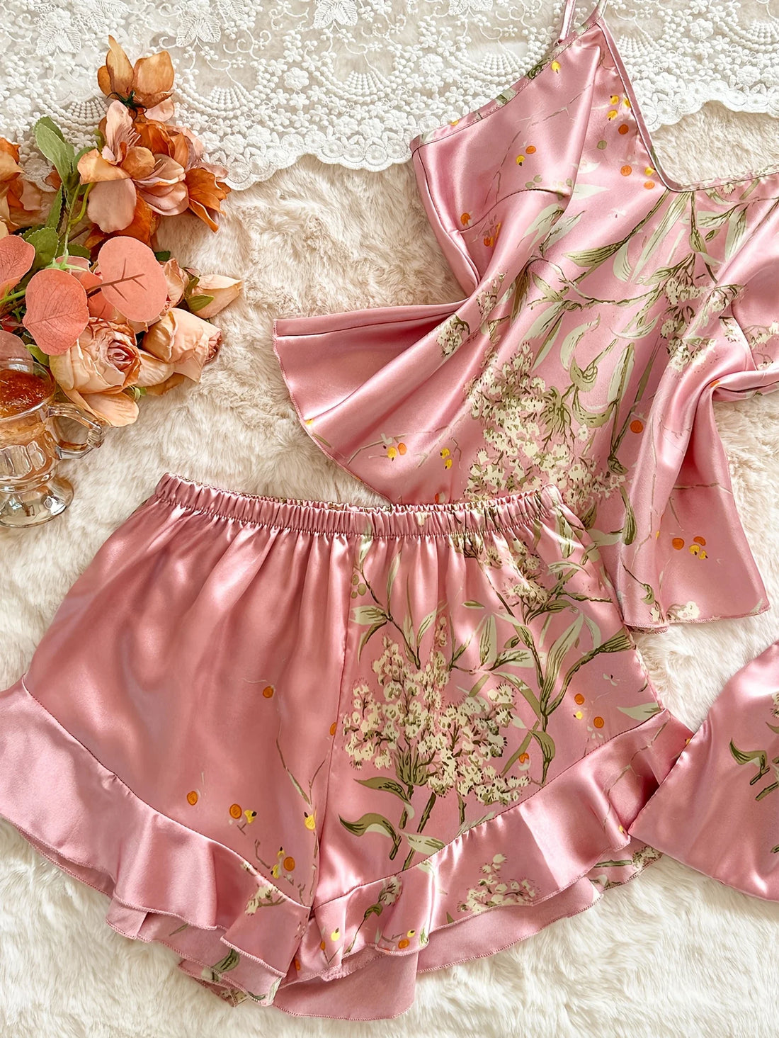 Pink Satin Pajama Set | Ruffle Cami & Shorts Silky Sleepwear for Women