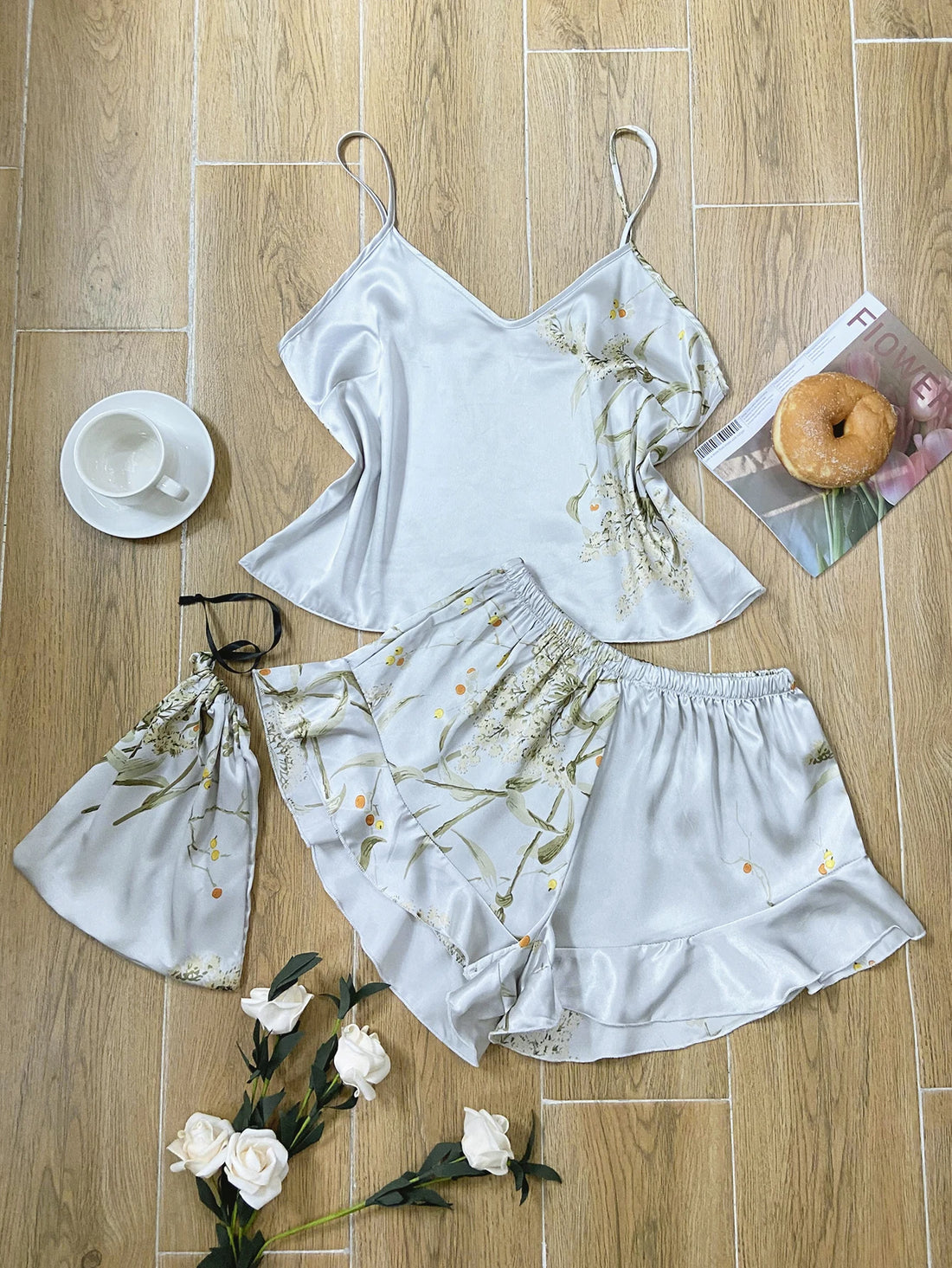 Elegant Floral Satin Cami Set | Silky Pajama Top & Shorts Sleepwear for Women