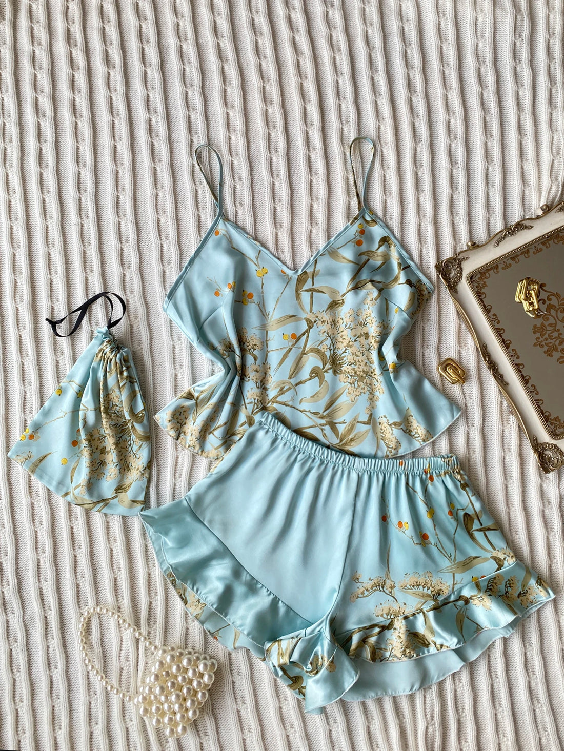 Elegant Floral Satin Cami Set | Silky Pajama Top & Shorts Sleepwear for Women