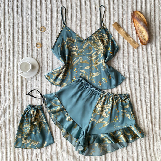 Elegant Floral Satin Cami Set | Silky Pajama Top & Shorts Sleepwear for Women