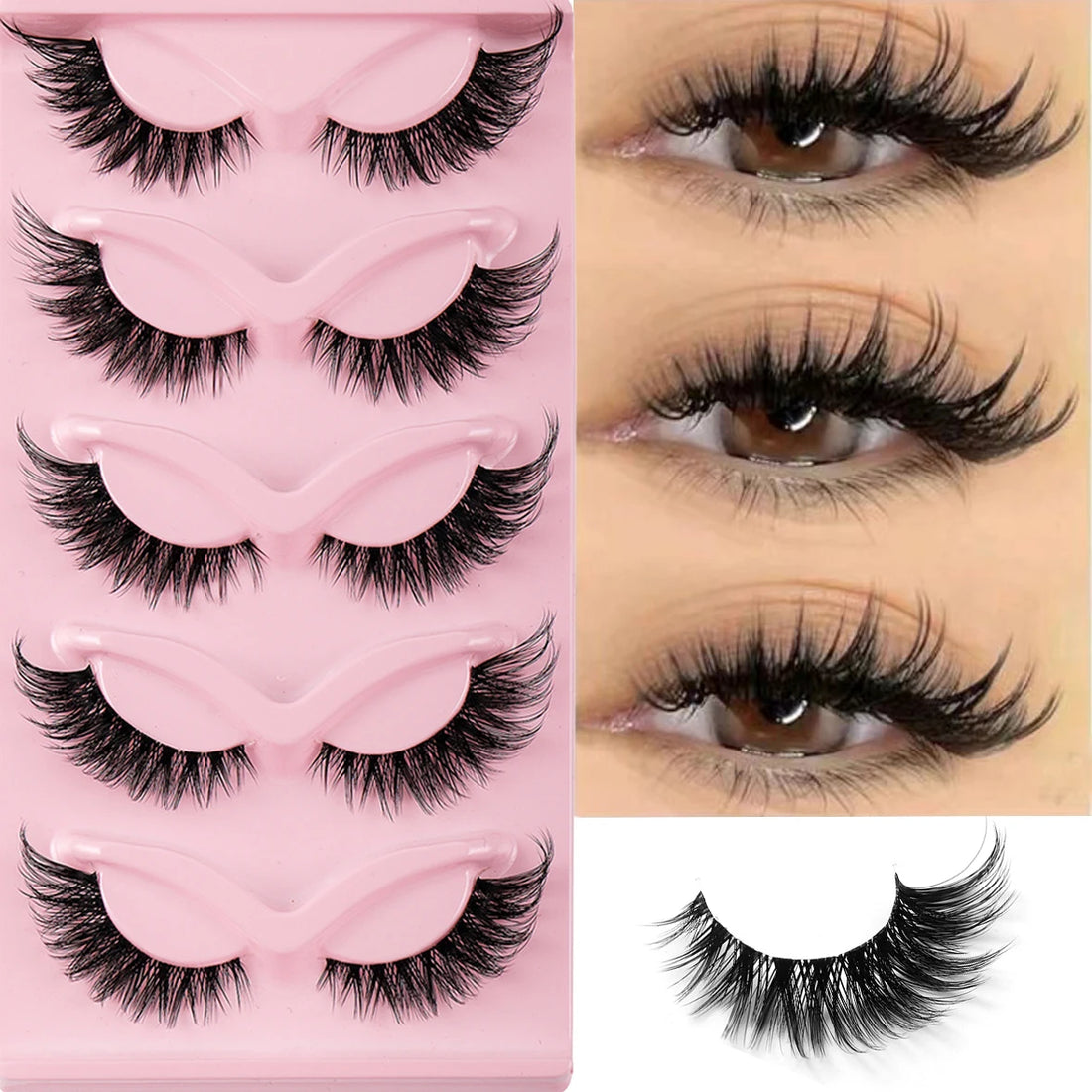 Cat Eye Lashes 5 Pairs | Wispy Faux Mink False Eyelashes, Natural Fluffy Lash Set