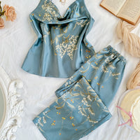 Floral Satin Pajama Set | Cami Top & Long Pants Silky Sleepwear for Women