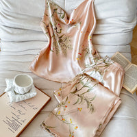 Cherry Print Satin Pajama Set | Silky Cami & Shorts Sleepwear for Women