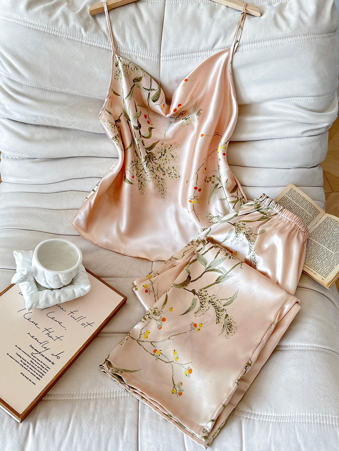 Cherry Print Satin Pajama Set | Silky Cami & Shorts Sleepwear for Women