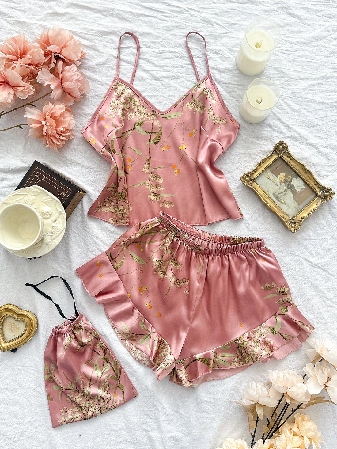 Elegant Floral Satin Cami Set | Silky Pajama Top & Shorts Sleepwear for Women