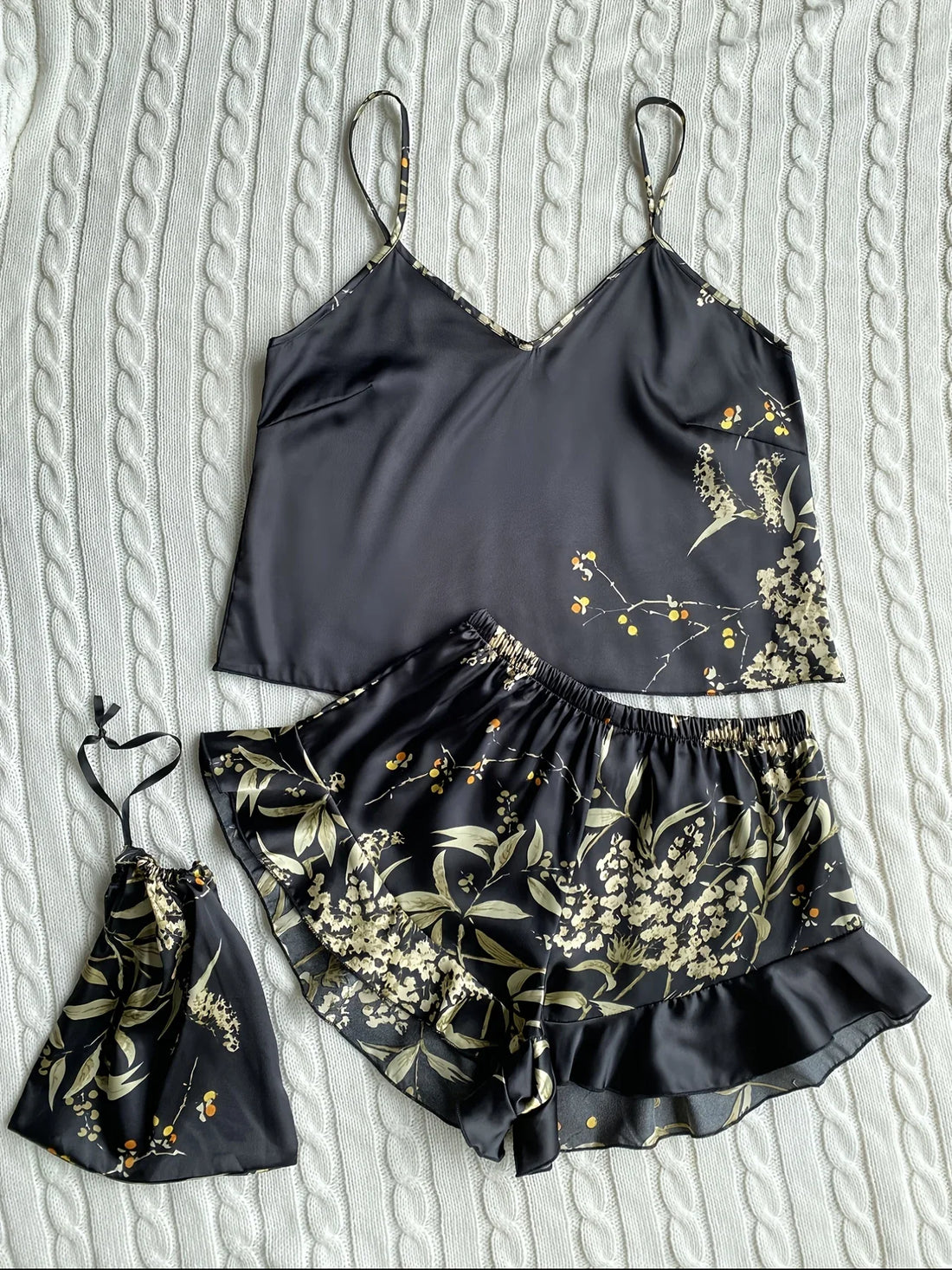 Elegant Floral Satin Cami Set | Silky Pajama Top & Shorts Sleepwear for Women