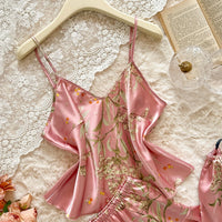 Pink Satin Pajama Set | Ruffle Cami & Shorts Silky Sleepwear for Women
