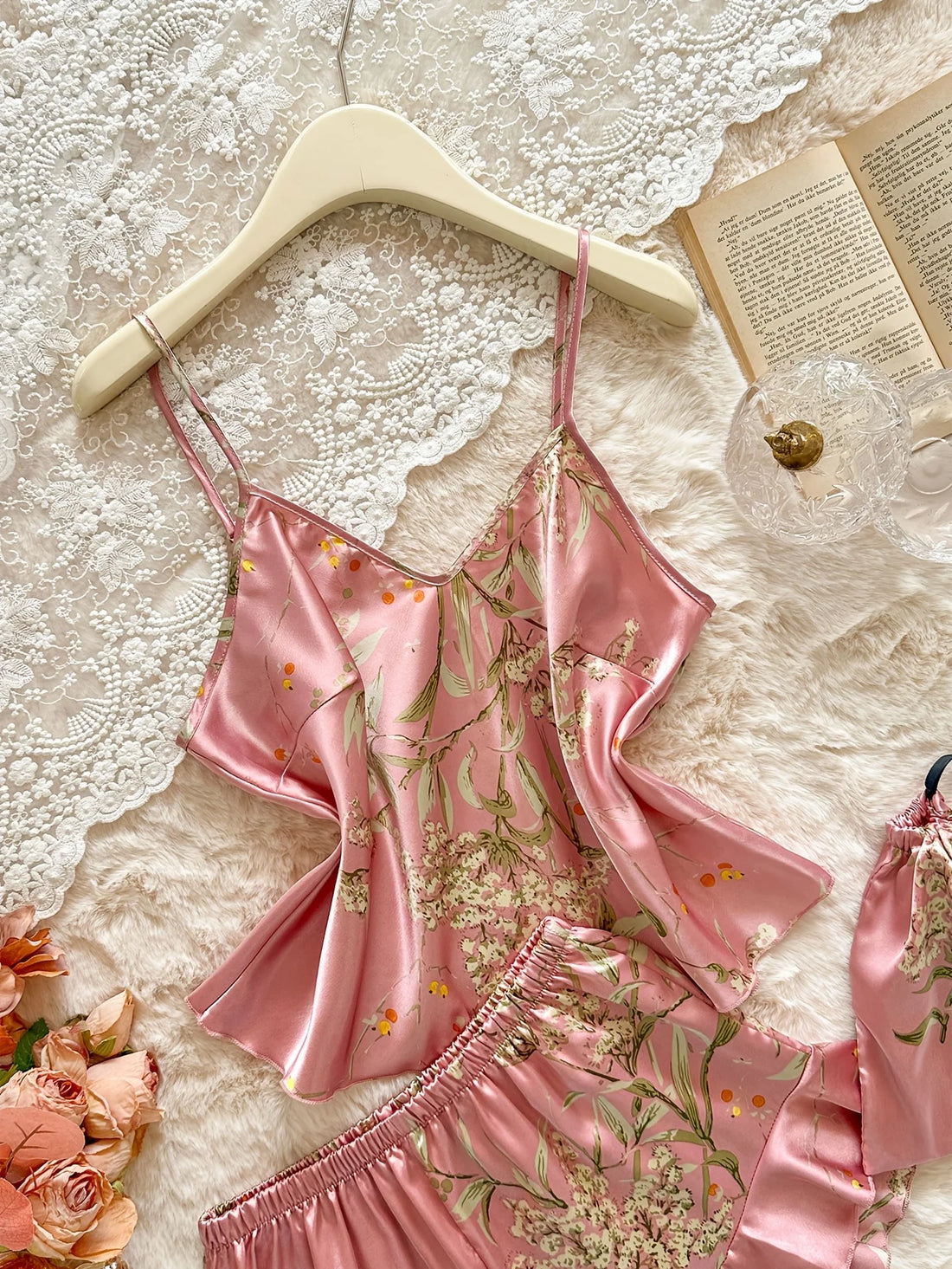 Pink Satin Pajama Set | Ruffle Cami & Shorts Silky Sleepwear for Women