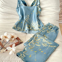 Floral Satin Pajama Set | Cami Top & Long Pants Silky Sleepwear for Women