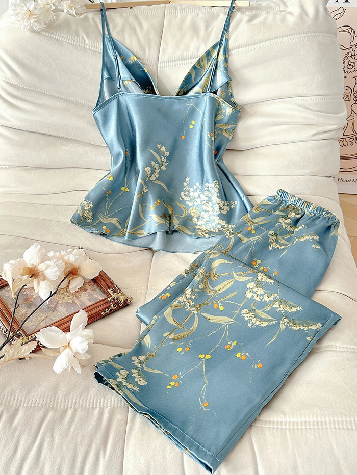 Floral Satin Pajama Set | Cami Top & Long Pants Silky Sleepwear for Women