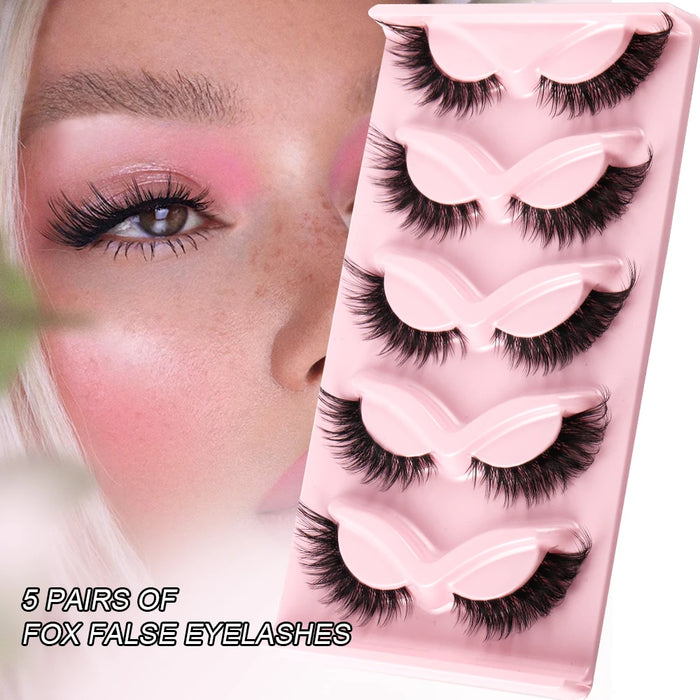 Cat Eye Lashes 5 Pairs | Wispy Faux Mink False Eyelashes, Natural Fluffy Lash Set