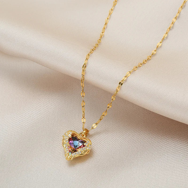 Gold Crystal Heart Pendant Necklace | Luxury Colorful Heart Jewelry Gift for Women