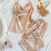 Cherry Print Satin Pajama Set | Silky Cami & Shorts Sleepwear for Women