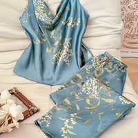 Floral Satin Pajama Set | Cami Top & Long Pants Silky Sleepwear for Women