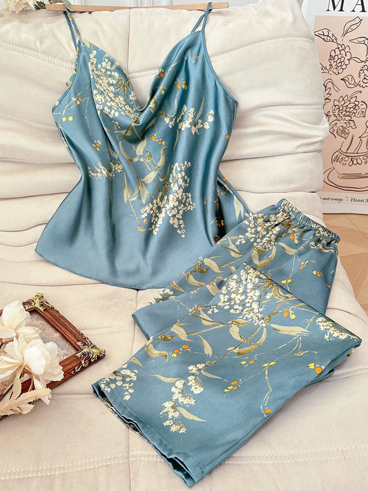 Floral Satin Pajama Set | Cami Top & Long Pants Silky Sleepwear for Women