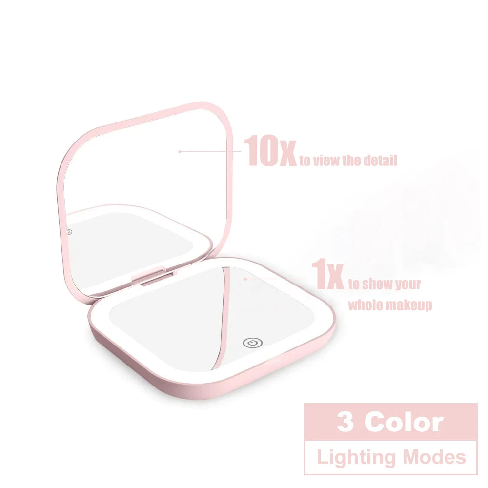 LED Compact Mirror with Light | Portable Travel Makeup Mirror, Rechargeable Pocket Vanity Mirror