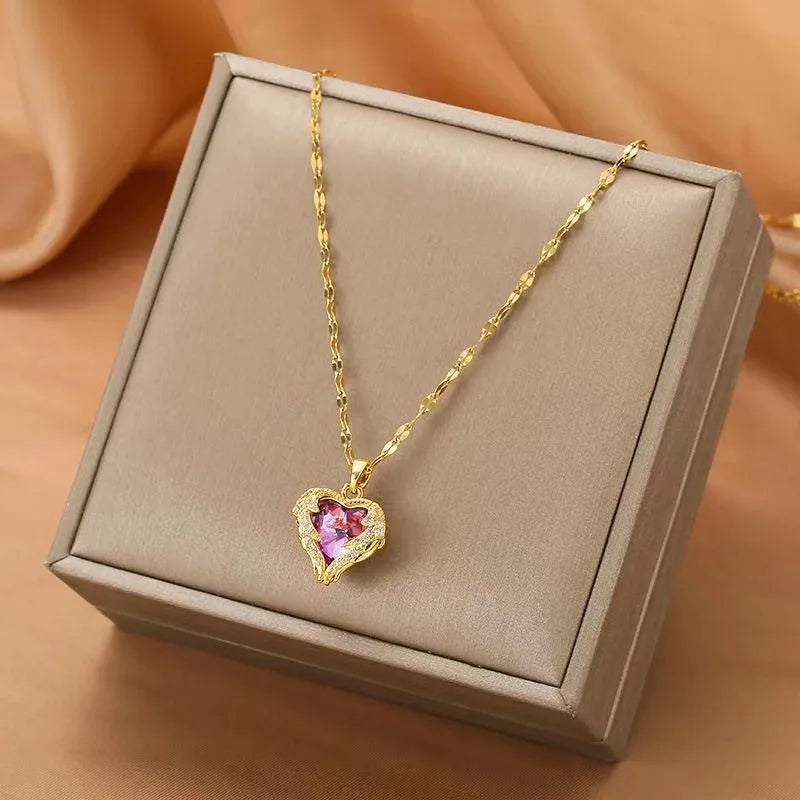 Gold Crystal Heart Pendant Necklace | Luxury Colorful Heart Jewelry Gift for Women