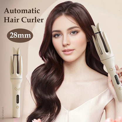 Automatic Negative Ion Hair Curler | Ceramic Barrel Auto-Rotating Curling Iron with LCD Temperature Display, Anti-Scald Anti-Snag Design & Auto Shutoff — 28mm Dual Voltage