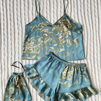 Elegant Floral Satin Cami Set | Silky Pajama Top & Shorts Sleepwear for Women
