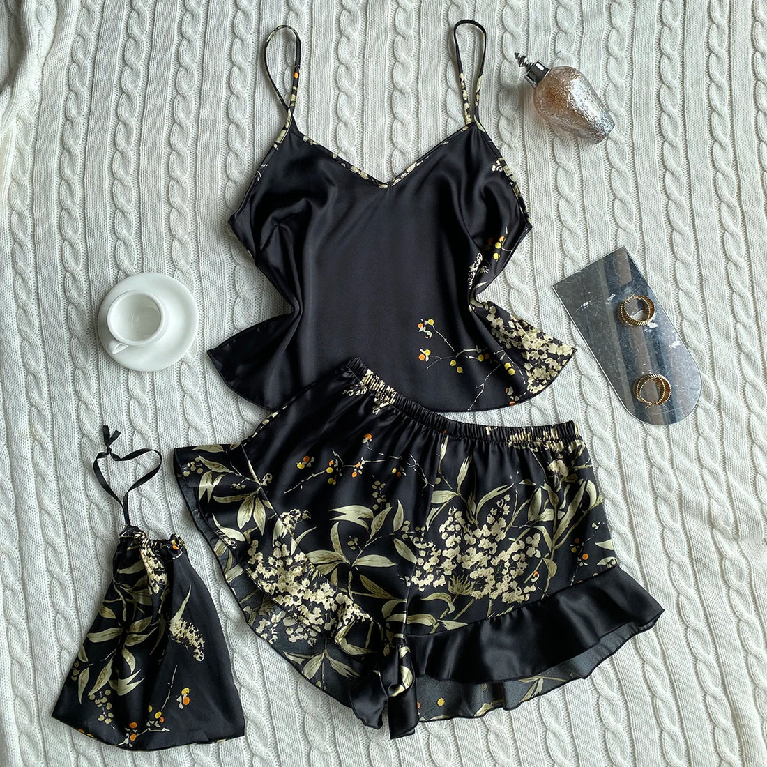Elegant Floral Satin Cami Set | Silky Pajama Top & Shorts Sleepwear for Women