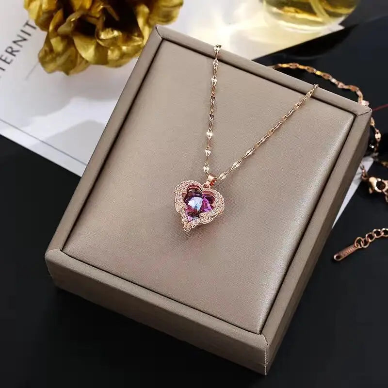 Gold Crystal Heart Pendant Necklace | Luxury Colorful Heart Jewelry Gift for Women