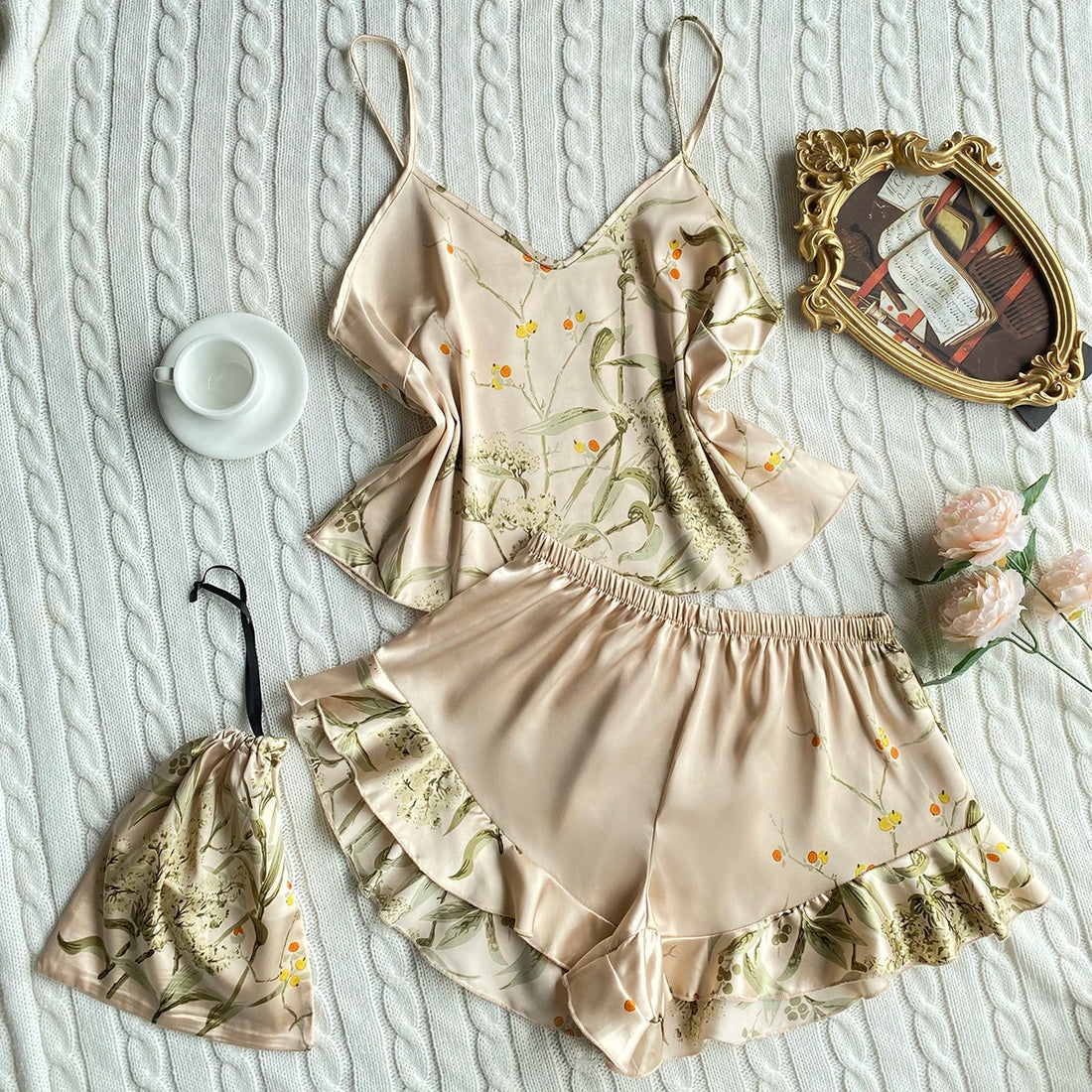 Elegant Floral Satin Cami Set | Silky Pajama Top & Shorts Sleepwear for Women