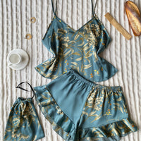 Elegant Floral Satin Cami Set | Silky Pajama Top & Shorts Sleepwear for Women