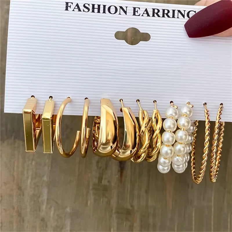 Gold Hoop Earring Set | Chunky Geometric & Pearl Statement Earrings Pack for Women