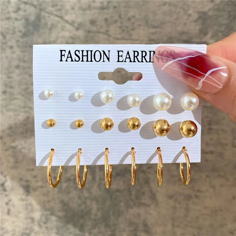 Gold Hoop Earring Set | Chunky Geometric & Pearl Statement Earrings Pack for Women