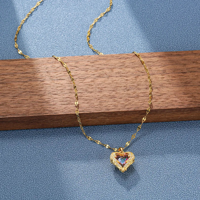 Gold Crystal Heart Pendant Necklace | Luxury Colorful Heart Jewelry Gift for Women
