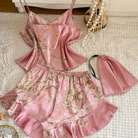 Pink Satin Pajama Set | Ruffle Cami & Shorts Silky Sleepwear for Women